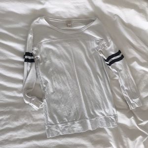 White varsity styled top with black strips